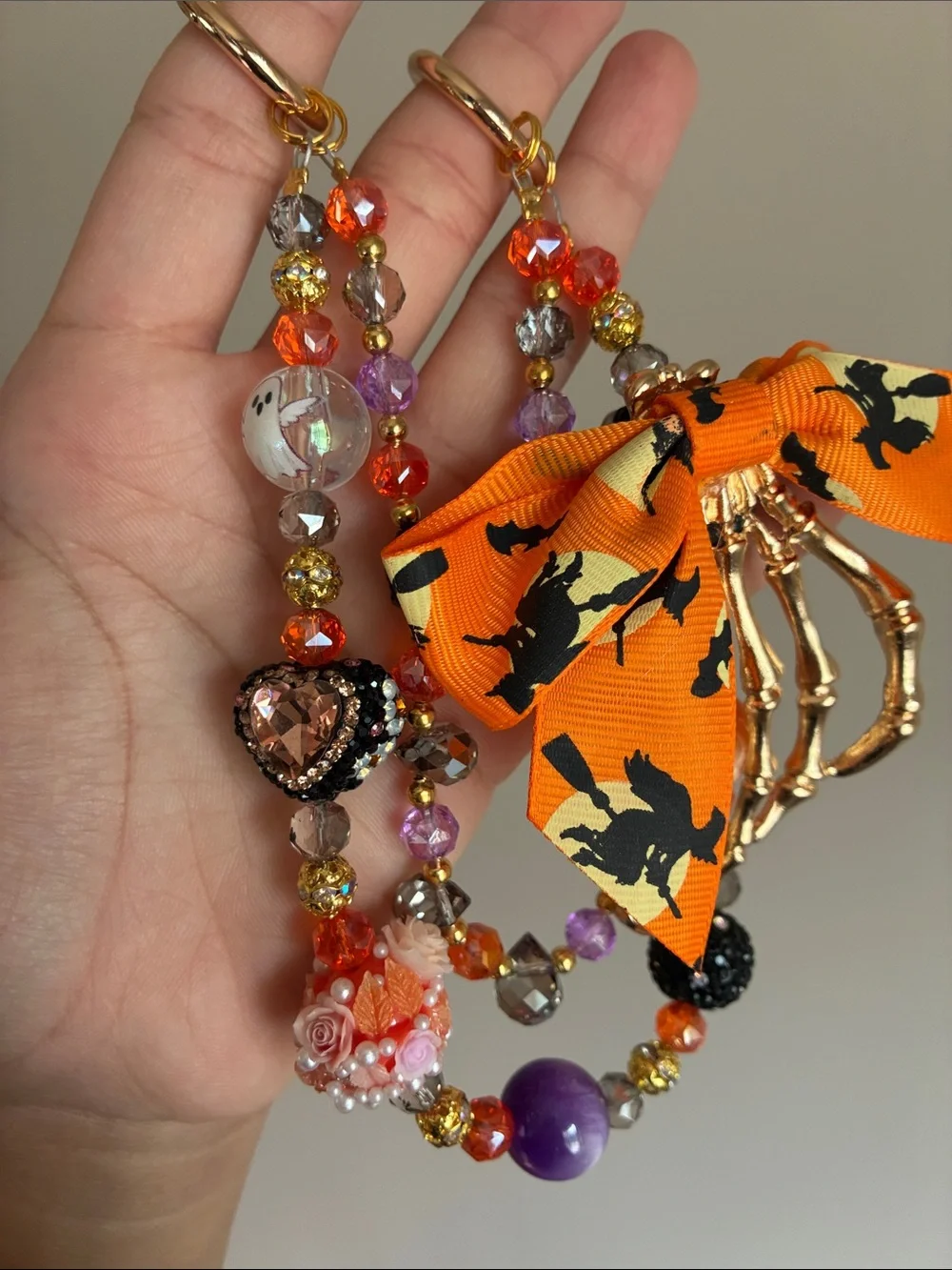 Orange Halloween Bow Beaded Keychain Bag Charm